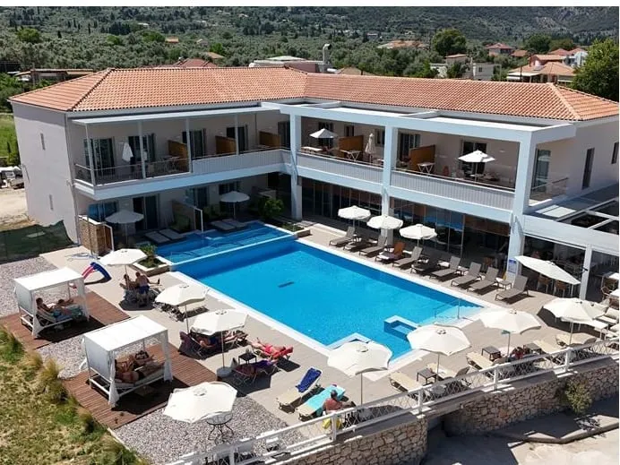 Iris Hotel pool and terrace overlooking the hills of Nydri
